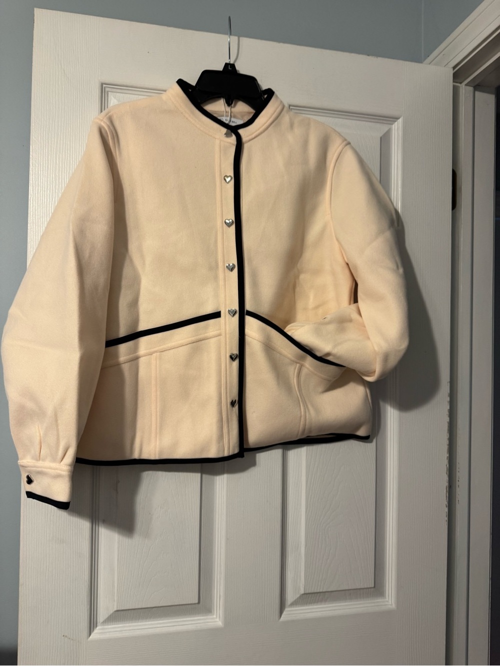 Cream Jacket with Black Trim Heart-Button Blazer